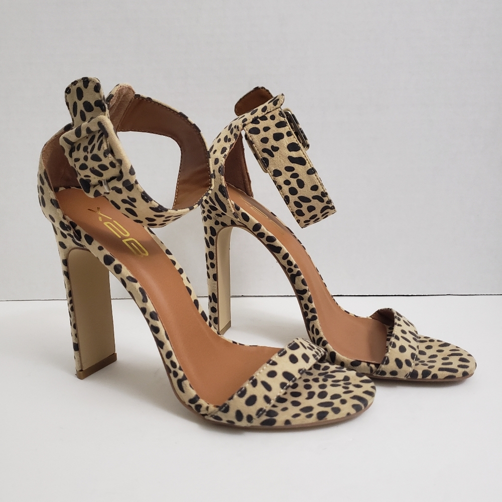 Size 6.5 X2B Nude Black Animal Print Strap Heels - Buckles Around Ankles